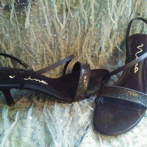 Nina black silk with crystal heel shoes